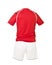 Red football shirt with white shorts