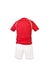 Red football shirt with white shorts