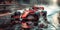 red formula one racing car driving fast on race track in rainy day