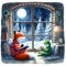 A red fox and a green frog reads in pajamas in its cozy room.