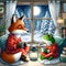 A red fox and a green frog reads in pajamas in its cozy room.