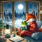 A red fox and a green frog reads in pajamas in its cozy room.