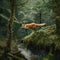 A red fox jumps in a forest over a branch with moss on it created with Generative AI