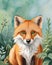 Red fox with red eyes in the leaves, green plants background