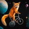 Red fox rides a bicycle through the cosmic sky fantasy digital art