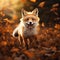 Red fox running on orange autumn leaves. Cute Red Fox Vulpes vulpes in fall forest. Beautiful animal in the nature habitat