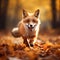 Red fox running on orange autumn leaves. Cute Red Fox Vulpes vulpes in fall forest. Beautiful animal in the nature habitat