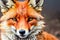 Red Fox - Vulpes vulpes, sitting up at attention, direct eye contact, bokeh in background, generative ai