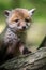 Red fox, vulpes vulpes, small young cub in forest on tree stump. Wildlife scene from nature