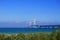 Red Freighter Under the Mighty Mackinac Bridge