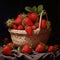 Red fresh strawberries in small wooden basket or wicker. Healthy fresh fruits on white table