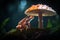 Red frog takes shelter under a mushroom during a rain shower