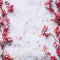 Red frozen berries on snow background. Winter and Christmas layout. Flat lay . Copy space