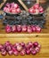 Red fruit grenades on the shelves, on the scales. fruit pomegranates, preparing for the holiday