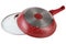 Red frying pan with a glass lid, lies upside down, on a white background