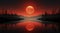 A red full moon rising over a lake. Generative AI image.