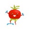 Red funny tomato exercising with dumbbells, sportive vegetable cartoon character doing fitness exercise vector