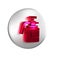Red Garden sprayer for water, fertilizer, chemicals icon isolated on transparent background. Silver circle button.