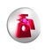 Red Garden sprayer for water, fertilizer, chemicals icon isolated on transparent background. Silver circle button.