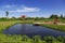 Red gazebo in Chinese style on the shore of the pond in the manor `Marino`, Leningrad region