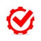 Red gear tick icon, abstract technology symbol