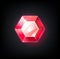 Red gem. Cartoon jewelry for game achievement. Top view of faceted ruby. Isolated precious stone with light reflection