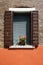 Red geraniums on window sill.