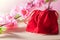 Red Gift Bag and plum blossom on Old Shabby Wooden Table concept Christmas and Newyear.