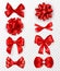 Red gift bows. Realistic silk ribbons with bow, festive decorative satin rose, holiday packaging or card, elegant gift