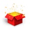 Red gift box confetti explosion. Magic open surprise gift box package decoration