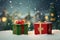 The red gift box and green gift box were packed and decorated with a white bow. Christmas gift. Ai Generative