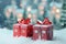 The red gift box and green gift box were packed and decorated with a white bow. Christmas gift. Ai Generative