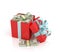 Red gift with bundles of hundred dollar bills with ribbon