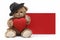 Red gift card, funny teddy bear with hat and red heart isolated on white background, template with copy space