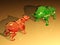 Red glass bear figure confronts green glass bull figure