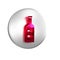 Red Glass bottle of vodka icon isolated on transparent background. Silver circle button.