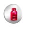 Red Glass bottle of vodka icon isolated on transparent background. Silver circle button.