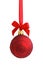 Red glass glitter Christmas bauble hanging on a red satin ribbon with a bow, isolated