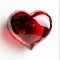 Red glass heart on white background, romanticism, glass heart sculpture