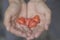 Red glass hearts in man hands. Caring concept idea. Valentineâ€™s Day and health, medicine and charity concept background