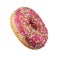 Red glazed round donut with sprinkles isolated. Side view