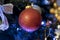 Red Glitter ball Christmas decoration with shiny glare hanged on tree