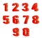 Red glossy cracked breaking pieces 3D realistic digits numbers broken discount decoration set isolated on white design