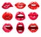 Red glossy lips and female mouth expressing different emotions set