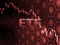 Red glowing text on candle stick chart with bitcoin and alt coins background. SEC delays decision approving ETF fund