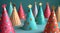red, gold, and blue paper party hats