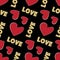 Red gold heart on black background, seamless pattern for valentine`s day, symbol of love and falling in love, shimmer sparkling