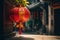 Red and gold lantern strung up outside the entrance of an temple. Capture the vibrant colors and symbols of luck and fortune that