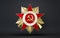 Red and gold stars with hammer and sickle. Star like a Soviet soldier.