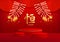 Red and gold three round podium and Chinese firecrackers on red chinese fan background
